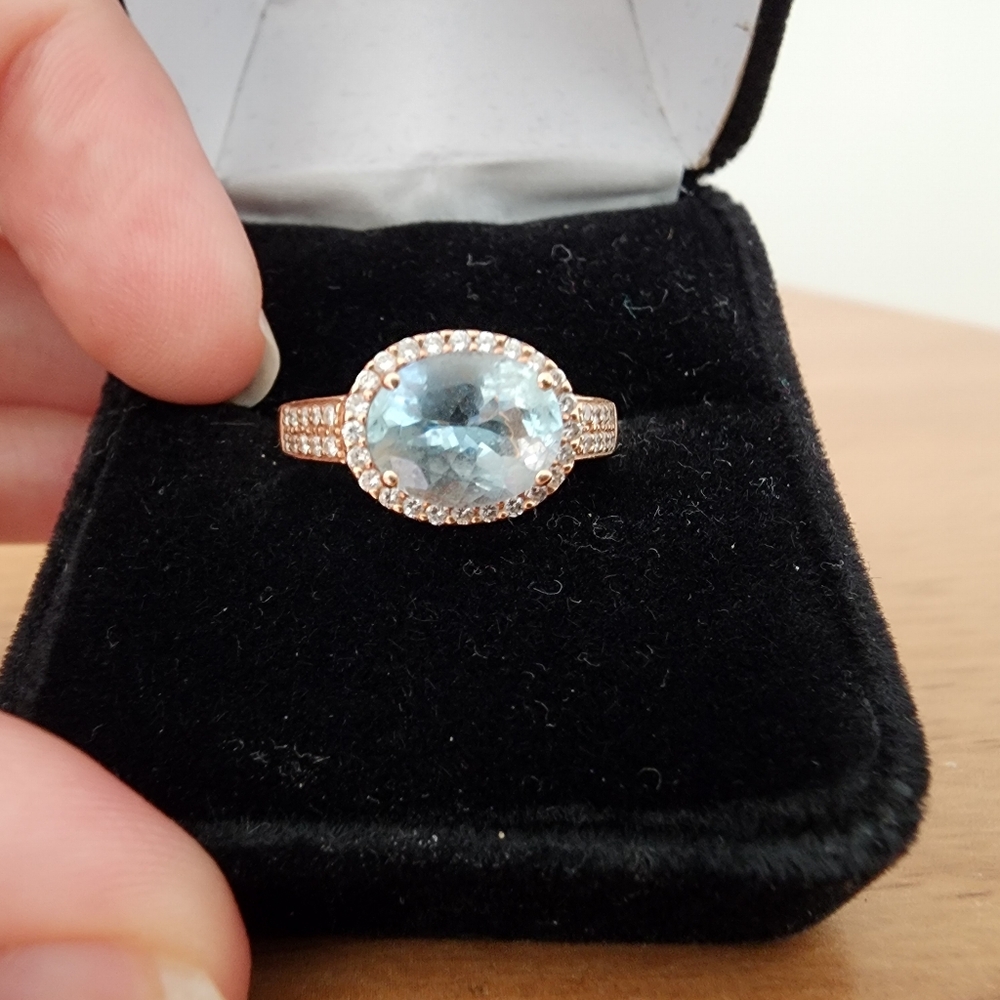 LEVIAN Aquamarine and Diamonds 14K Rose Gold Ring - Vintage Retro Size 8.25 - Picture 4 of 7